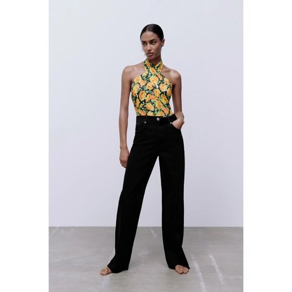NWOT Zara multicolour floral print crossover, twist halter plunge neck bodysuit - Picture 3 of 10